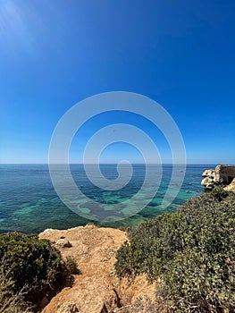 Marinha beach in the Algarve Portugal. Cliffs and caves.