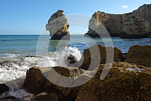 Marinha beach with its beautiful cliffs scenery in Lagoa