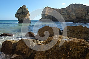 Marinha beach with its beautiful cliffs scenery in Lagoa