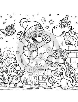 Mario\'s Fiery Confrontation: Bowser Duel on Lava Bridge - Coloring Page Adventure