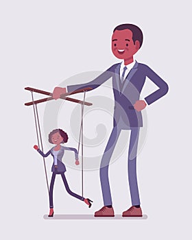 Marionette businesswoman manipulated and controlled by man