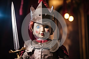a marionette doll resembling a knight with sword and shield