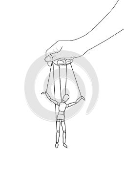 Marionette string puppet manitpulation. Thread control puppeteer hand manipulate wooden figure vector illustration. Graphic stock