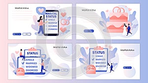 Marital status of couple. Checkbox list with single, married, widowed, divorced options for tiny people. Screen template