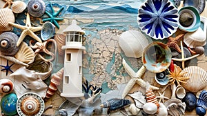 Maritime Adventure Map with Lighthouse. A collection of seashells and a lighthouse are arranged on a map