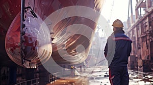 Maritime engineer in safety gear inspecting ship in dry dock