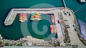 Maritime lifeboat and rescue boat in port. Aerial view