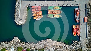 Maritime lifeboat and rescue boat in port. Aerial view