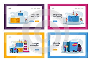 Maritime Logistic Landing Page Template Set. Characters Work in Seaport Load Cargo, Shipping Port with Harbor Crane