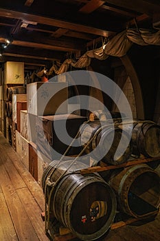 Maritime Museum in Amsterdam, The Netherlands. Interior of the hold of the 17th century ship