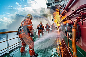 Maritime safety drill captured with crew battling shipboard fire