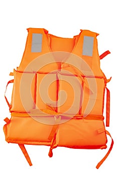 Maritime safety equipment, floatation device and water activities concept with an orange life jacket isolated on white background