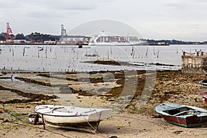 Maritime scene of Vilagarcia de Arousa with a cruise ship moored in the harbor