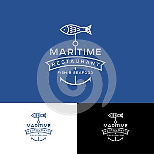 Maritime Seafood and Fish Restauraunt Logo. Fish and Letters with Ribbon.