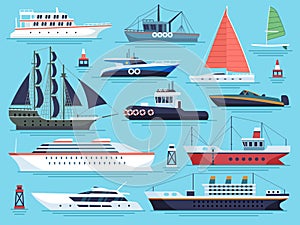 Maritime ships flat. Water carriage, vessels boats yacht ship battleship warship large vessel. Sea cargo dock vector set