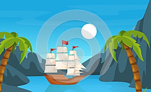 Maritime ships at sea, brigantine ship near tropical palm and mountain. Water transportation tourism transport cartoon vector