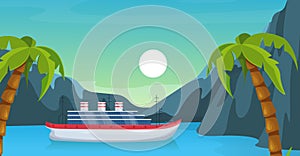 Maritime ships at sea, brigantine ship near tropical palm and mountain. Water transportation tourism transport cartoon vector