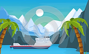Maritime ships at sea, brigantine ship near tropical palm and mountain. Water transportation tourism transport cartoon vector