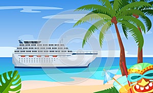 Maritime ships at sea, cruise ship near tropical beach with palm. Water transportation tourism transport cartoon vector