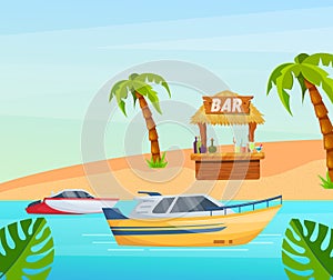 Maritime ships at sea, sailboat, frigate with sails near tropical beach with palm. Water transportation tourism transport cartoon