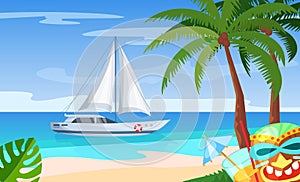 Maritime ships at sea, sailing yacht near tropical beach with palm. Water transportation tourism transport cartoon vector