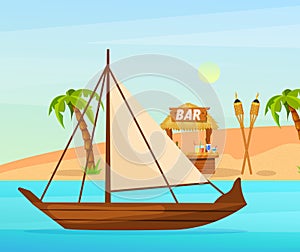 Maritime ships at sea, small boat with sails about Tiki bar with signboard on tropical beach. Water transportation tourism