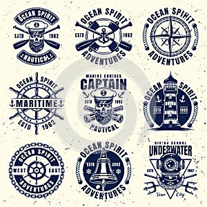 Maritime thematic set of nine vector emblems