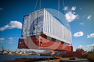 Maritime transport Crane operation loads cargo container onto a ship