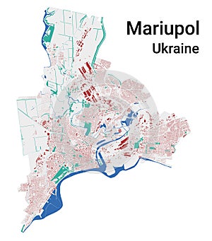 Mariupol vector map. Detailed map of Mariupol city administrative area. Cityscape panorama. Road Map with buildings, water, forest photo