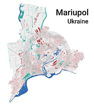 Mariupol vector map. Detailed map of Mariupol city administrative area. Cityscape panorama. Road Map with buildings, water, forest