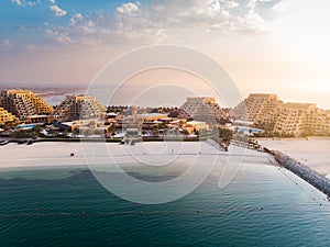 Marjan Island beach and waterfront in Ras al Khaimah emirate in the UAE aerial view