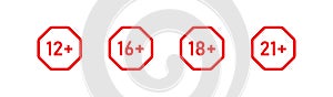 Mark age limit. Set icons 12, 16, 18 and 21 plus. Set of age restriction signs. Vector illustration