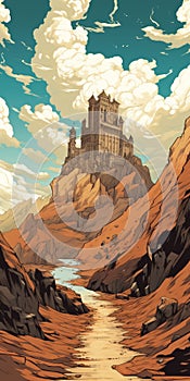Mark Arian\'s Detailed Gothic Castle Illustration In Light Cyan And Bronze