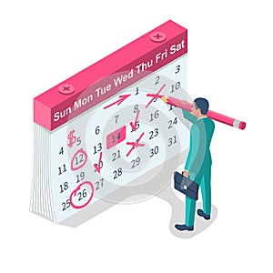 Mark calendar isometric icon. 3D people. Businessman makes notes on calendar