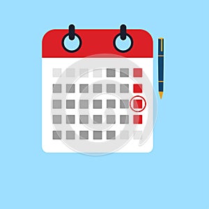 Mark calendar. Vector illustration flat style. Close-up hand businessman with red pen. Date circled. Cartoon style. Week day month