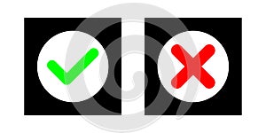 Mark and cross icon. Colored elements. Agree and disagree symbols. Choice concept. Vector illustration. Stock image.