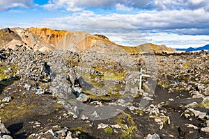 mark at Laugahraun volcanic lava field in Iceland