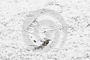The mark of a mans boot in the snow