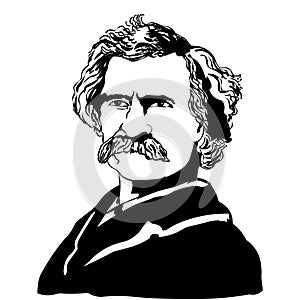 Mark Twain.Portrait illustartion of Samuel Langhorne Clemens,Mark Twain.
