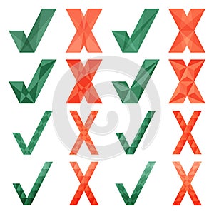 Mark X and V cristal style. Set of green hooks and red crosses. Yes No icons for websites or applications. Right Wrong