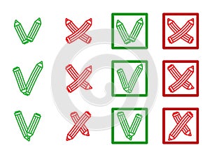 Mark X and V in form of pencils. Green hooks, tick, red crosses. Yes No Right Wrong icons for websites, applications