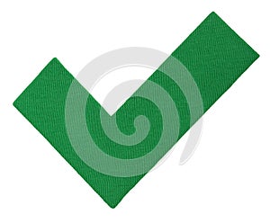 Mark V, tick of cotton fabric, green hook. Yes icon for your design. Handmade Approve sign isolated on white