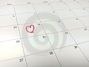 Mark your date on Valentine day on the calendar, heart on calendar, 14 February, love planed