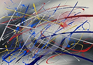 Is marked by intersecting lines and splashes, creating a sense