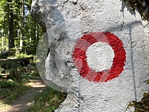 Marked tourist-hiking trail in Golubinjak forest park or Cave trail in Gorski kotar - Sleme, Croatia