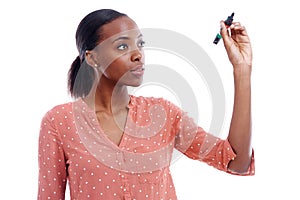 Marker, black woman and hand for writing, presentation and promotion isolated on white background. Female person, lady