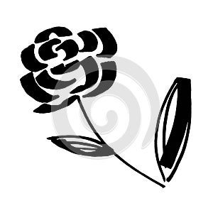 Marker bright red rose with leaves hand drawn line stroke