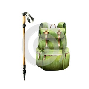 Marker hiking and camping backpack with ski and hiking pole illlustration watercolor style. Mountin equipment for