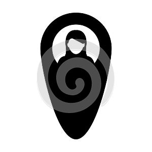 Marker icon vector female user person profile avatar with location map pin symbol in flat color glyph pictogram