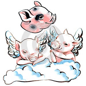 Marker illustration collection of mini pigs with wings on a cloud